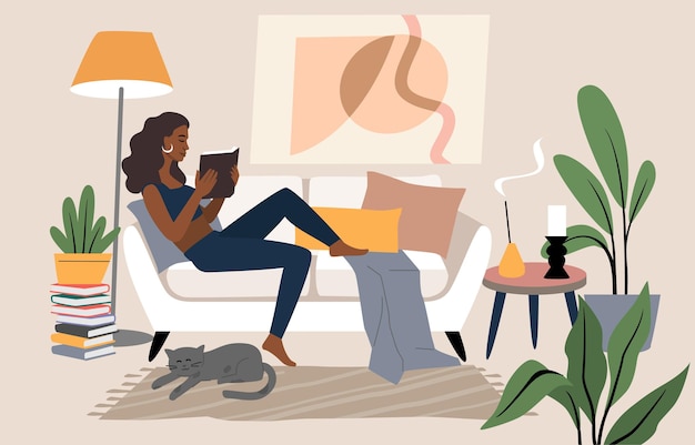 Вектор Женщина, лежа на софе и читая книгу. женский персонаж в домашнем интерьере