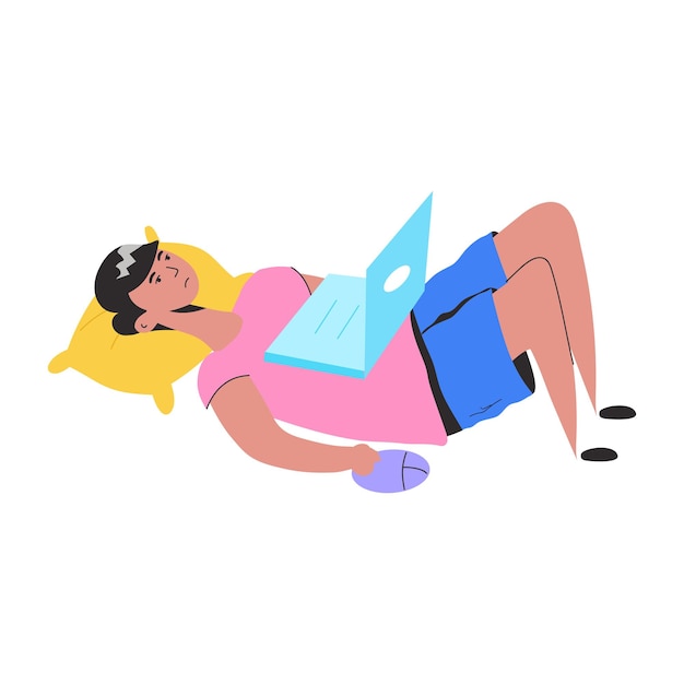 Vector a woman lying on a pillow with a laptop in her hand.