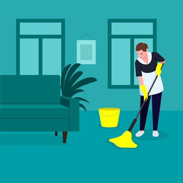 Vector a woman maid does cleaning, washes the floor with a mop in yellow gloves, cleaning, disinfection of floor surfaces,