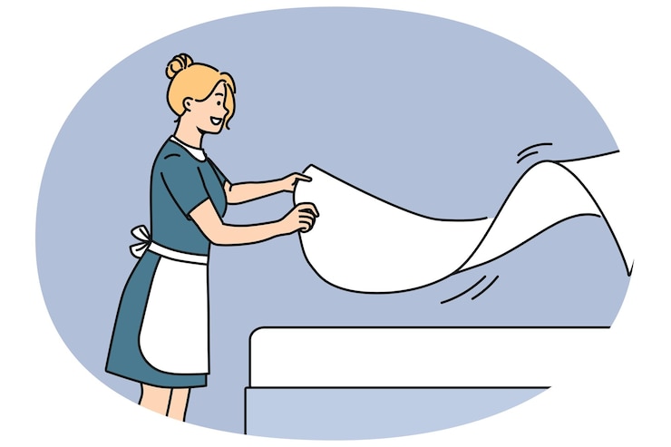 Vector woman maid makes bed with sheets preparing hotel room for arrival of new guests