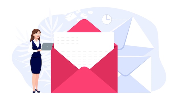 Woman and mail. Email messaging, girl communicating on computer. Businesswoman reading or writing urgent letter. Online contact signing, cartoon office female character, envelope vector illustration
