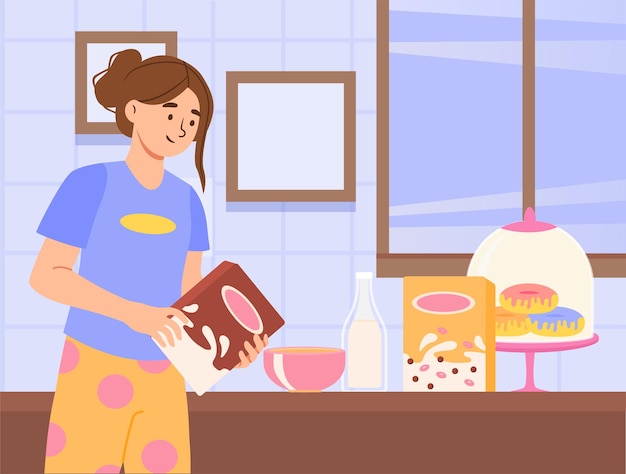Woman make breakfast concept young girl with with milk and porridge oatmeals traditional morning food donuts and sweet rings dessert and delicacy cartoon flat vector illustration