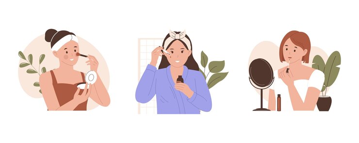 Vector woman do makeup beauty routine set