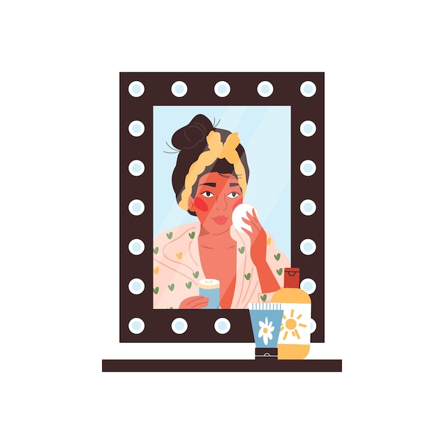 Vector woman making makeup or cares about skin flat vector illustration isolated