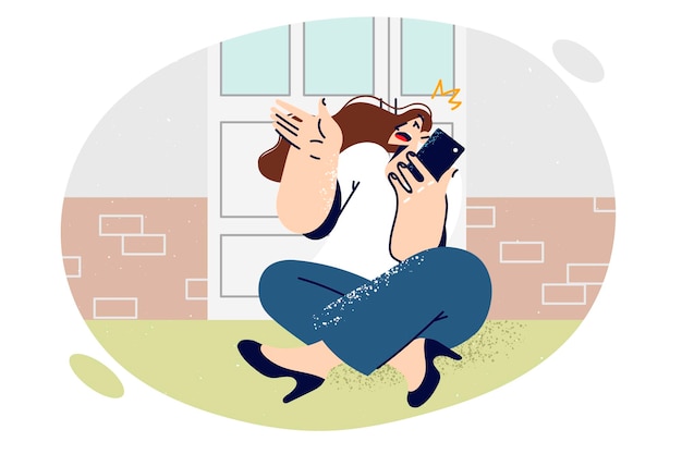 Woman making phone call sits on porch of house near door and chats with friend discussing new news Girl makes call to emergency service due to jammed lock in apartment and inability to get inside