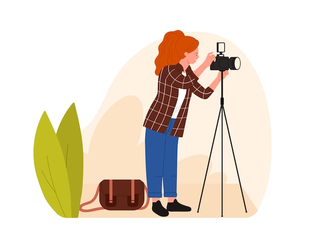 woman making photo photographer with professional camera on tripod