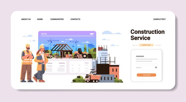 未完成の建物建設現場の背景水平コピー スペース ベクトル図の近くに立つ制服を着た女性男性建築家やエンジニア