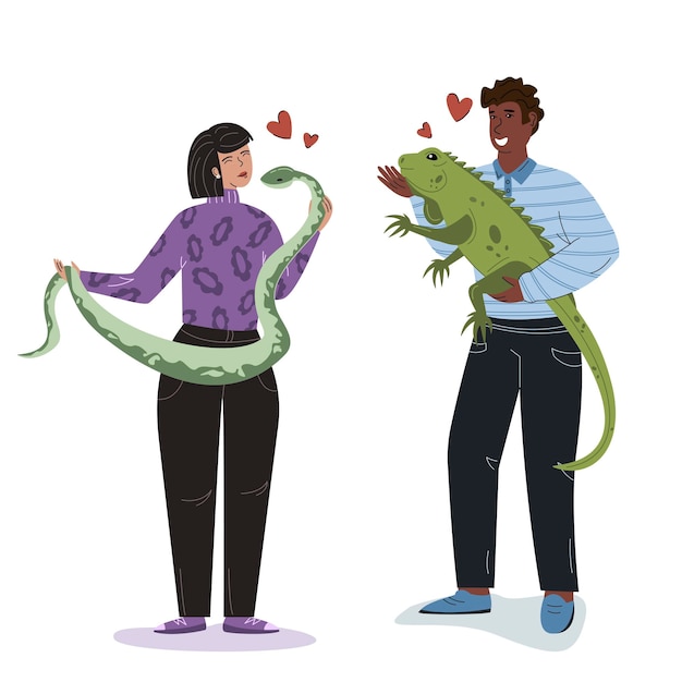 Woman and man are holding a big cute exotic snake and iguana. Exotic pets.