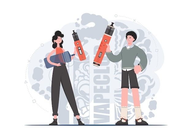 A woman and a man are holding an electronic cigarette in their hands flat style the concept of vapor and vape vector illustration