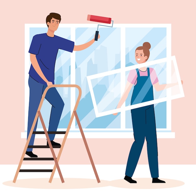 Woman and man cartoons painting with roll and ladder design of remodeling construction working and repairing