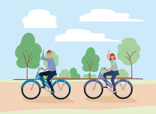 Woman and man cartoons riding bikes at park