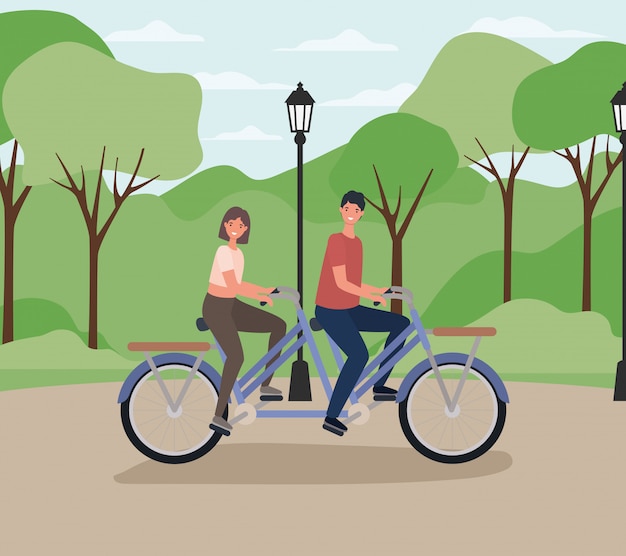 Woman and man cartoons riding double bike at park with lamp