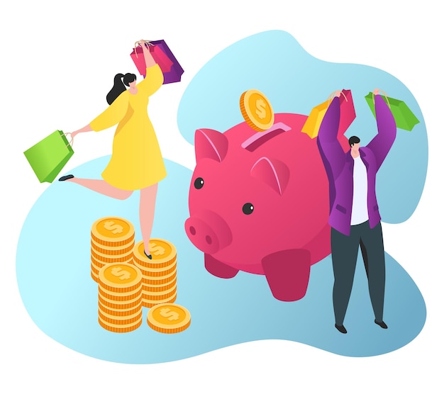 Woman man character hold bag with clothes banking save money piggy bank d isometric vector