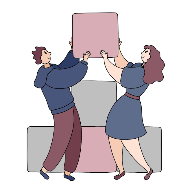 Woman and man connecting cube pieces. Couple create together. Flat vector illustration