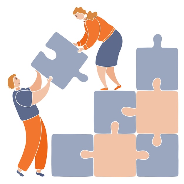 Woman and man connecting puzzle pieces. Teamwork and collaboration concept. Vector illustration