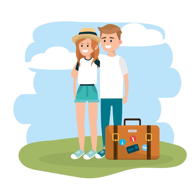 Woman and man couple with briefcase travel