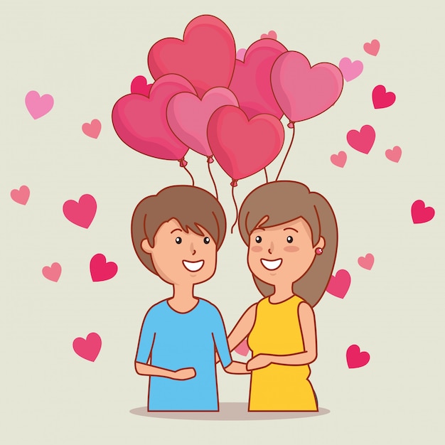 Женщина и мужчина пара с сердечками шары на день Святого Валентина
