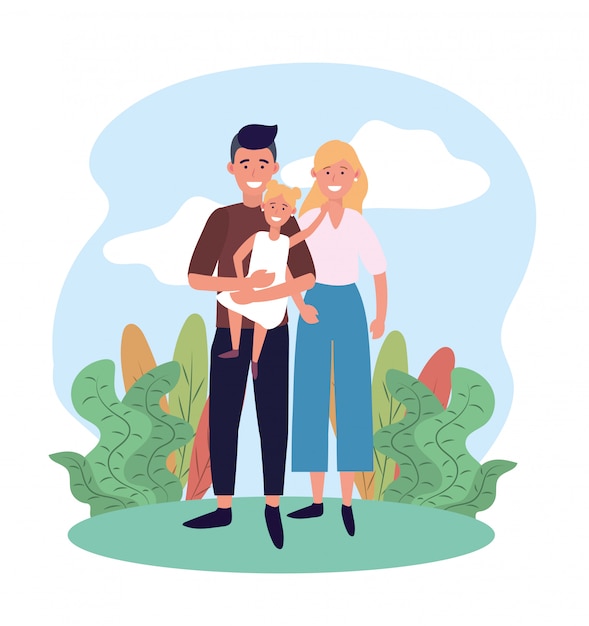 Vector woman and man couple with their cute daughter