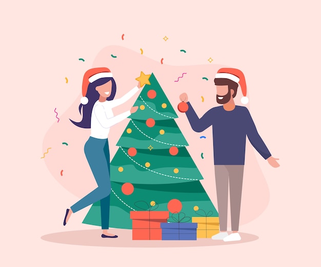 女性と男性がクリスマスツリーを飾ります。ギフトボックスはクリスマスツリーの近くにあります。