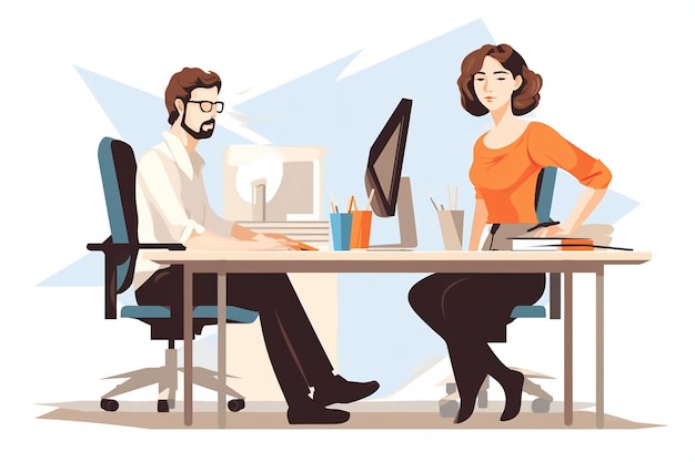 Vector woman and man desk work