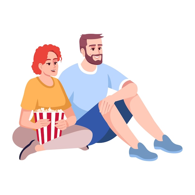 Woman and man eating popcorn semi flat color vector characters