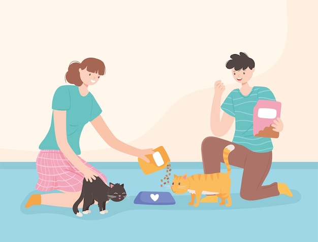 Vector woman and man feeding cats