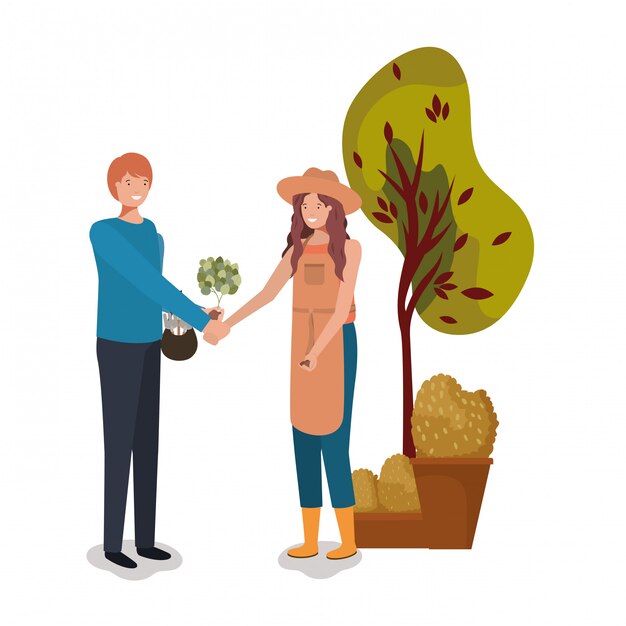 Vector woman man and gardening concept