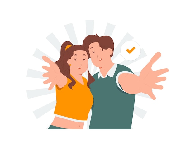 Woman and man gesturing welcome sign smiling while standing extending hands wanting hug cuddle welcoming concept illustration