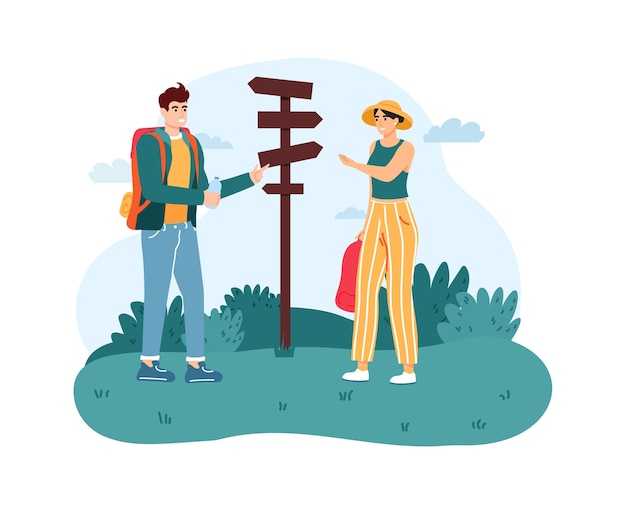 Vector woman and man hiker standing near direction sign or pointer.