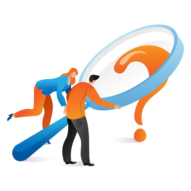 Woman man hold magnifying glass solution business issue question mark cartoon vector