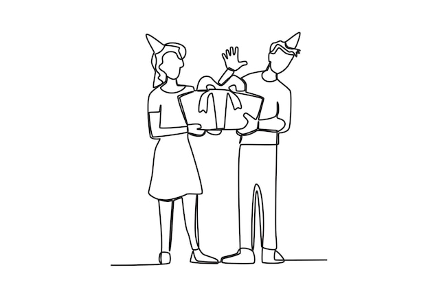 A woman and a man holding a big gift Birthday party oneline drawing