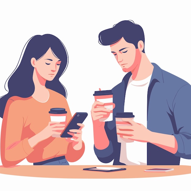 Vector woman and man holding coffee while look at phone vector illustrations on white background