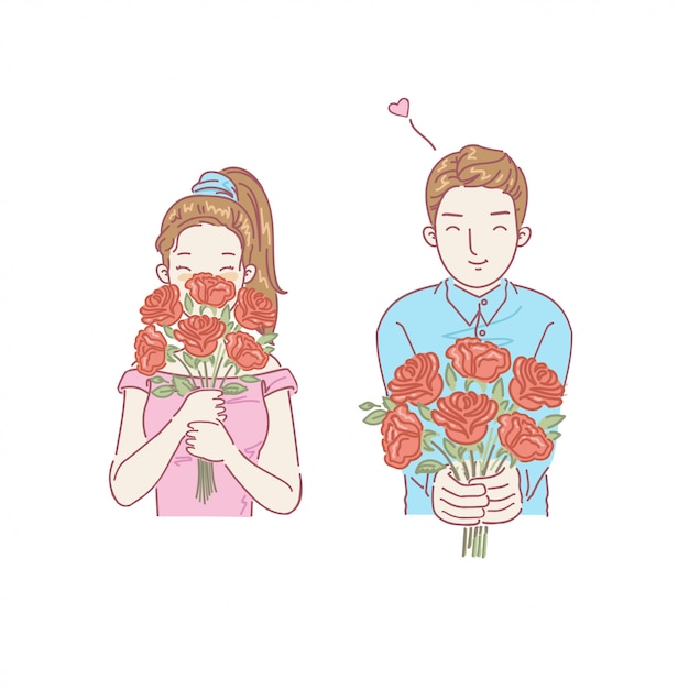 Woman and man holding flowers. hand drawn style. valentine's day.