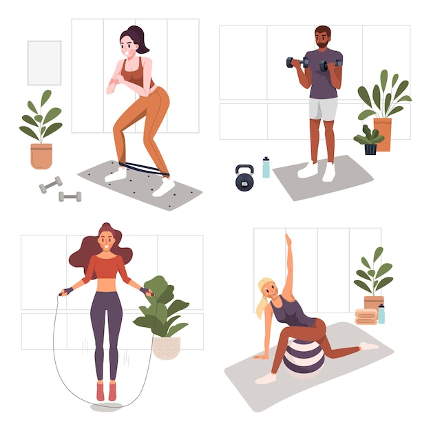 Vector woman and man home workouts excercise at home concept illustration