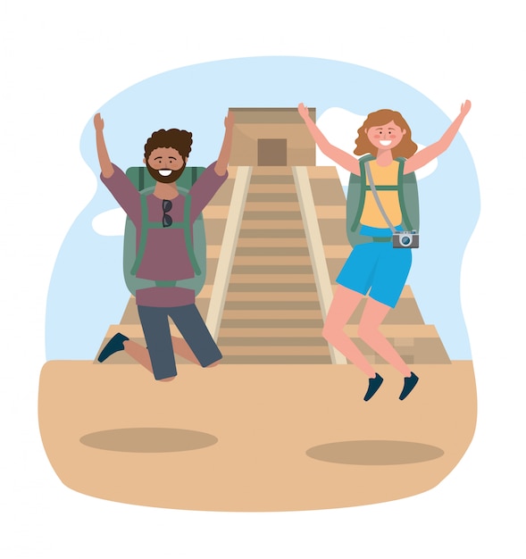 Vector woman and man jumping with backpack and camera to temple inscription destination