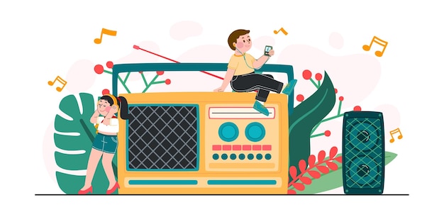 Woman and man listen to music from radio with happiness vector illustration