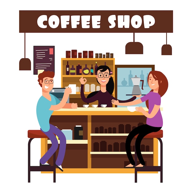 Woman and man meeting in coffee shop illustration