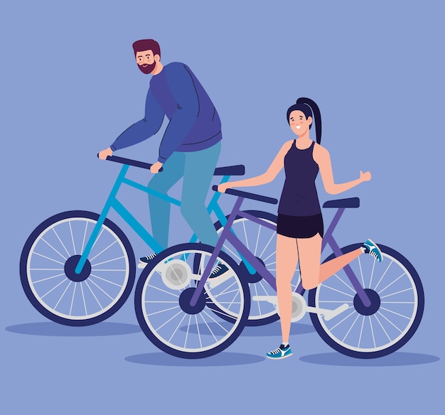 Donna e uomo che guidano il design della bici, il ciclo della bicicletta del veicolo e il tema dello stile di vita.