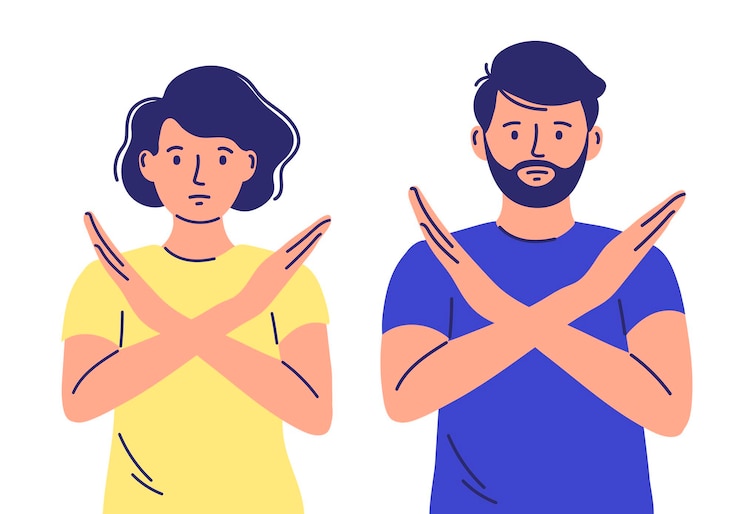 Vector woman and man say no with a gesture of denial, expression, angry, grumpy, prohibition.
