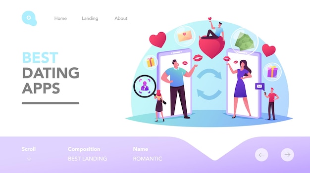 Woman and Man Searching Love Partner on Dating Web Site Landing Page Template. Virtual Relations, Characters Chatting Online from Smartphone Screens, Communication. Cartoon People Vector Illustration