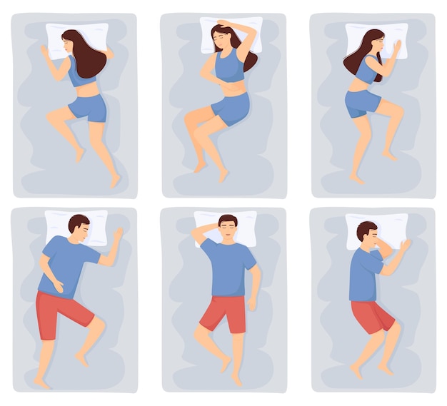 Woman and man sleep in different poses people in pajamas sleeping on beds vector illustration