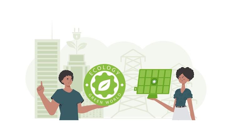 Vector woman and man and solar panel eco energy concept vector