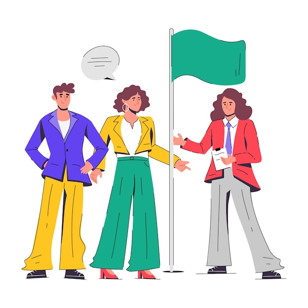 a woman and a man stand in front of a green flag and the word flag.