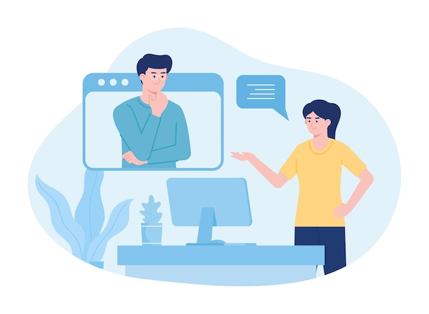 Woman and man talking online on laptop concept flat illustration