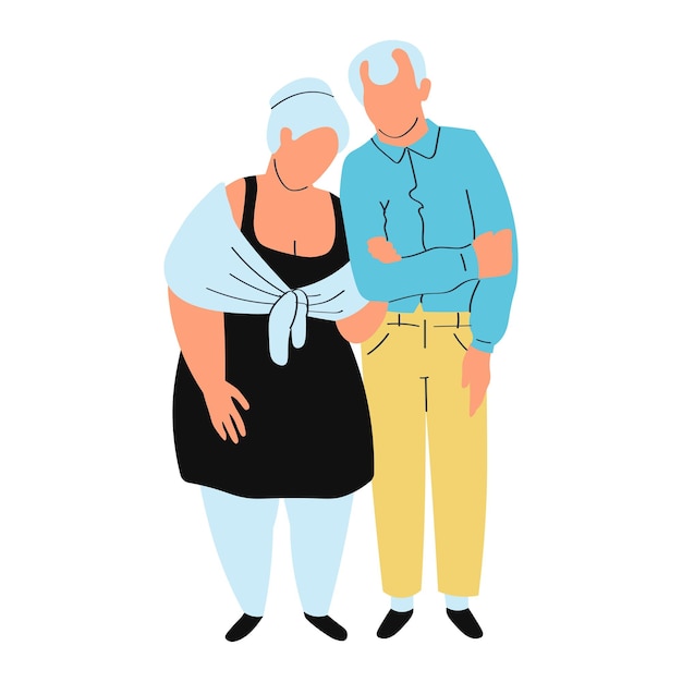 Donna uomo insieme felice vicino a persone mature che tengono anziani isolati su bianco design piatto stile illustrazione vettoriale