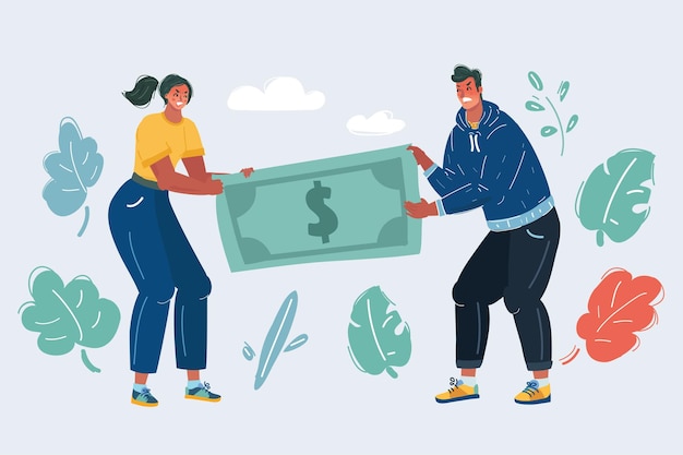 Vector woman and man in tug of war with big banknote