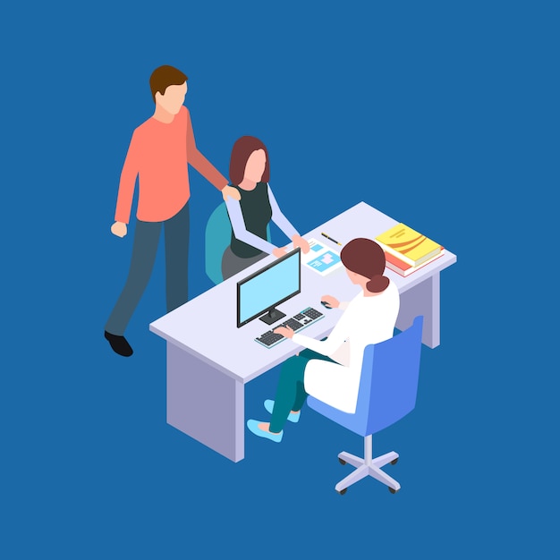 Woman and man visit a doctor. couple at a fertility specialist isometric vector concept