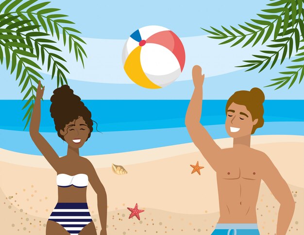 Vector woman and man wearing swimsuit and playing with ball