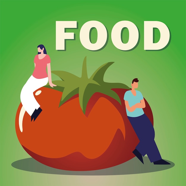 Woman and man with big fresh tomato food vector illustration