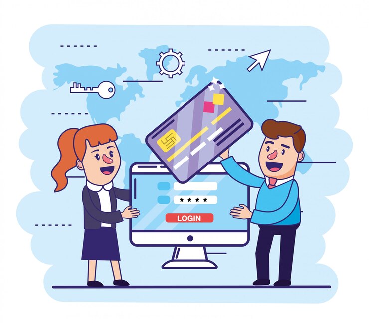 वेक्टर woman and man with credit card and computer